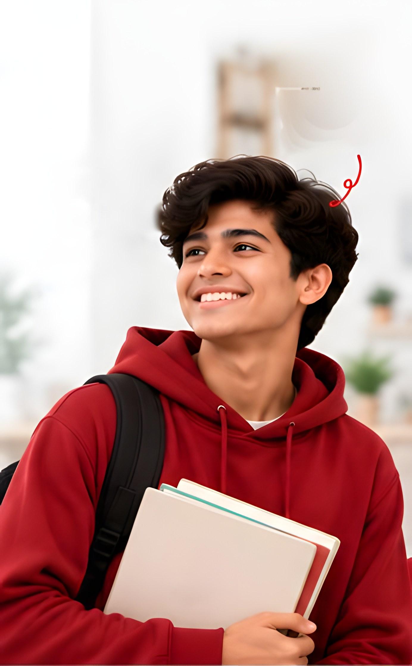 A smiling student in a red hoodie, carrying his books